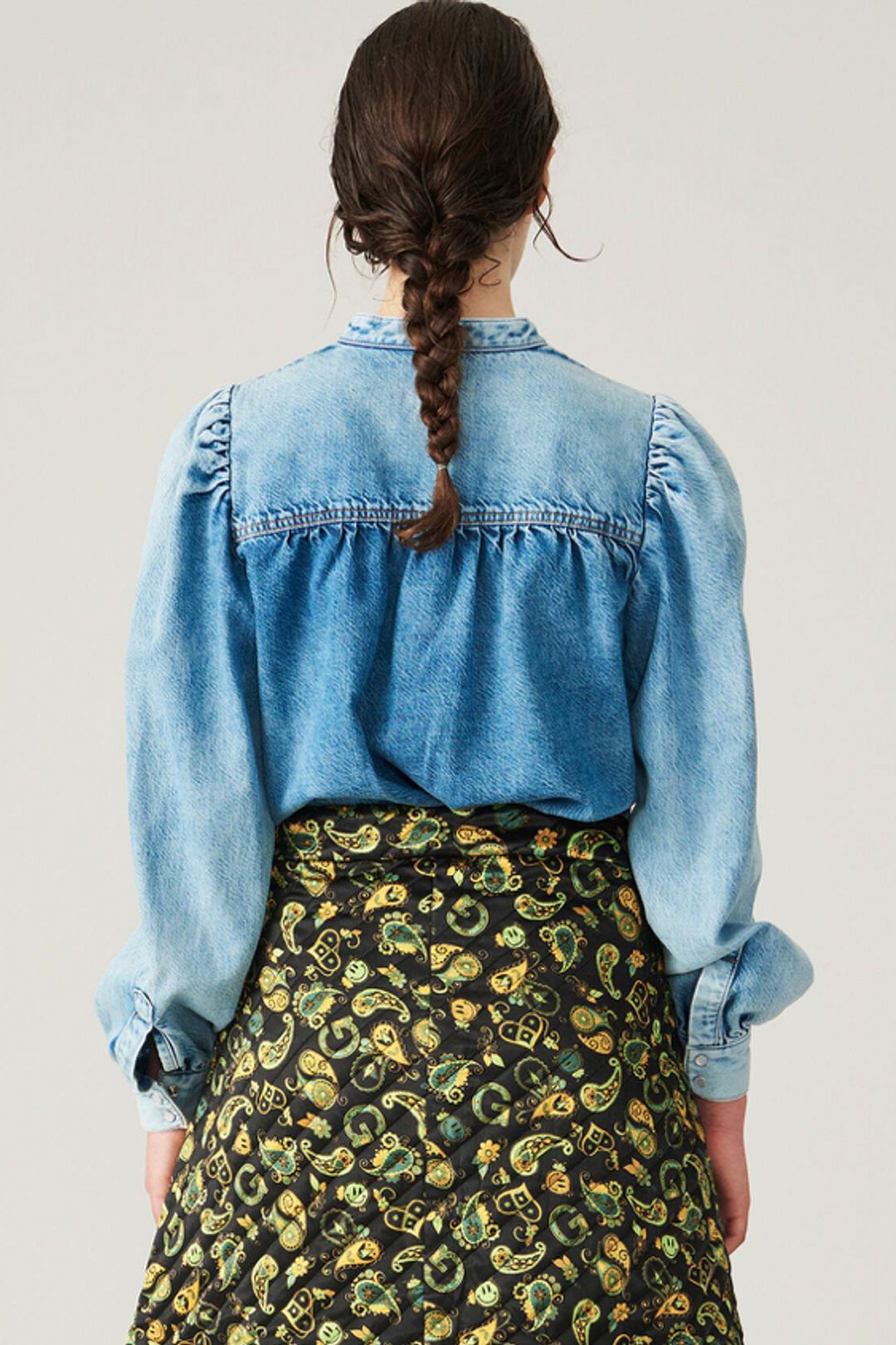 GANNI blouse in blue washed denim with puff sleeves