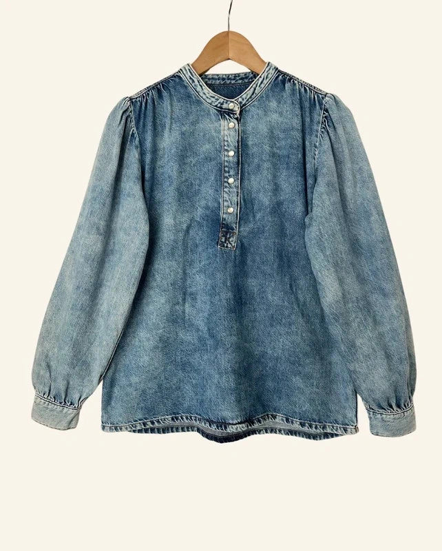 GANNI blouse in blue washed denim with puff sleeves