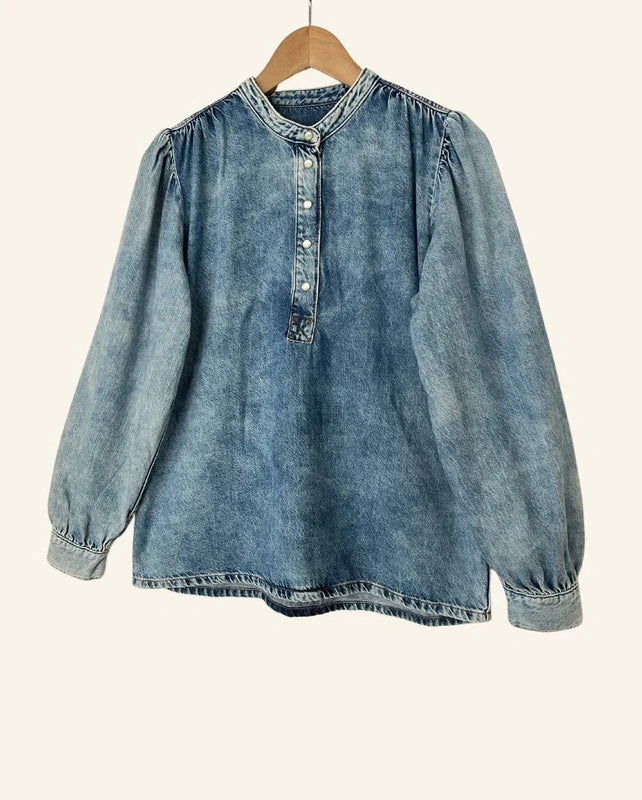 GANNI blouse in blue washed denim with puff sleeves