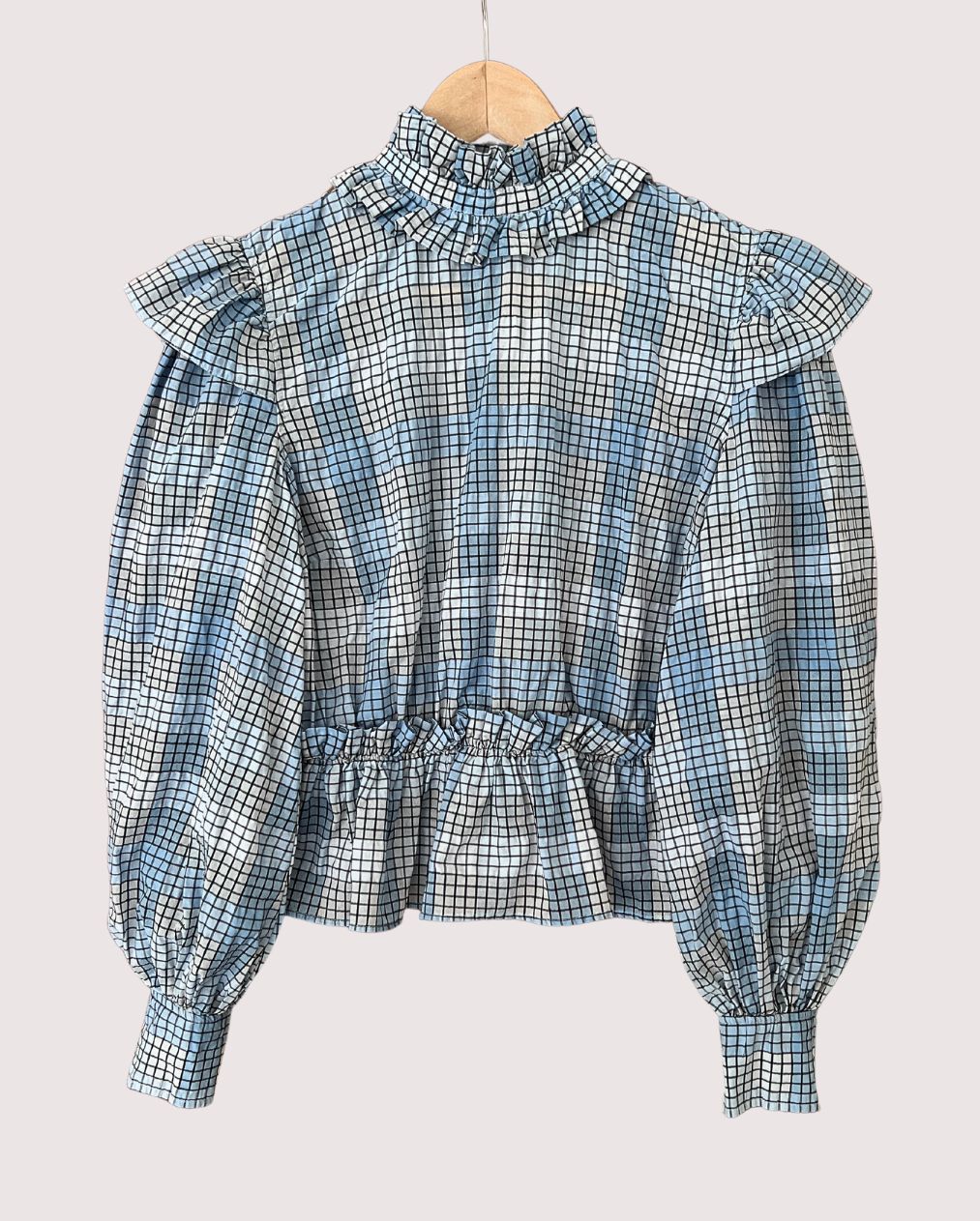 GANNI blue checked ruffled seersucker blouse