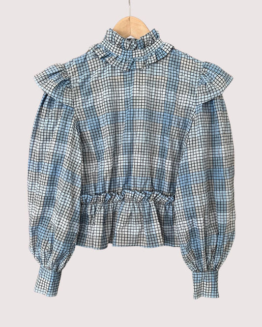 GANNI blue checked ruffled seersucker blouse