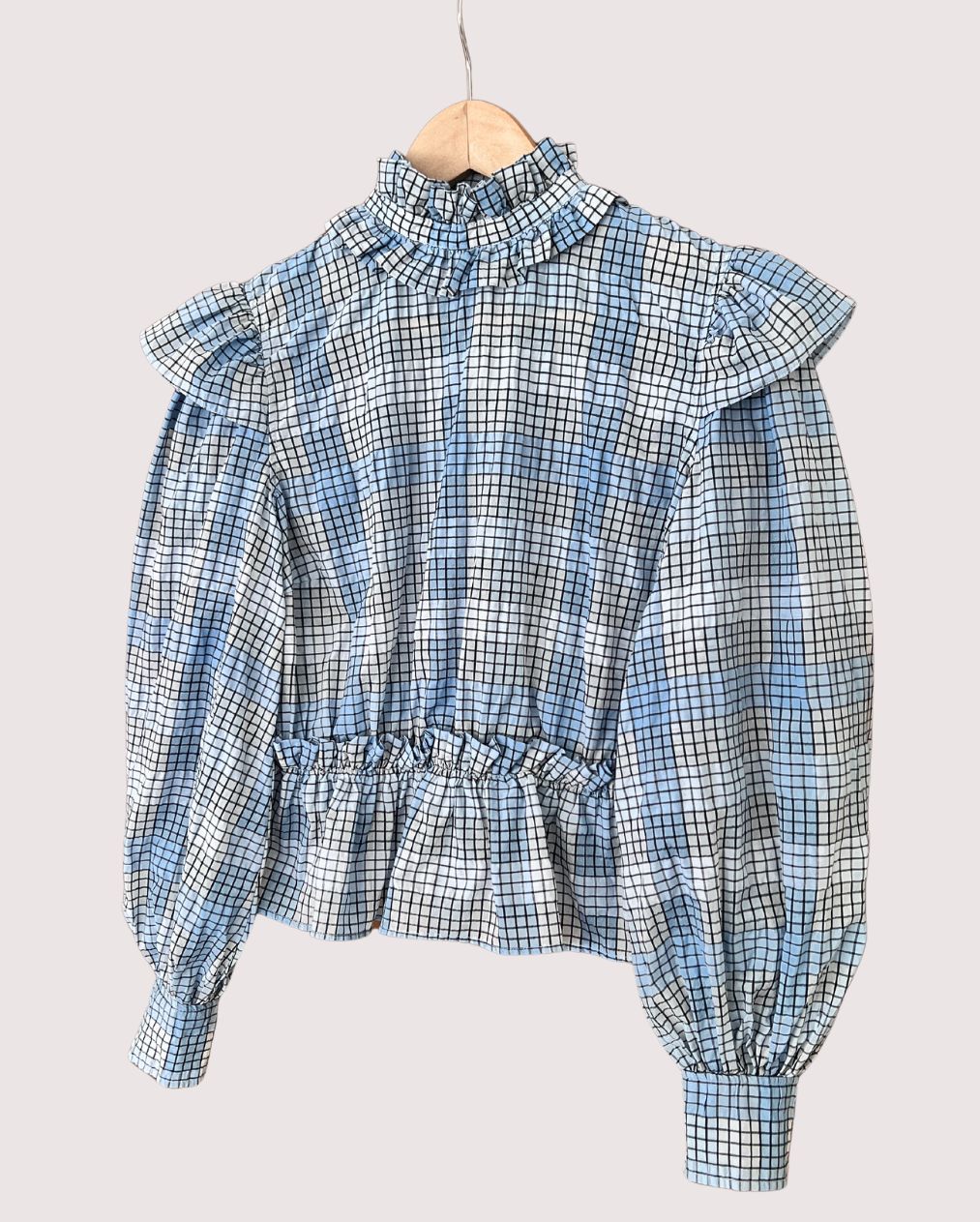 GANNI blue checked ruffled seersucker blouse