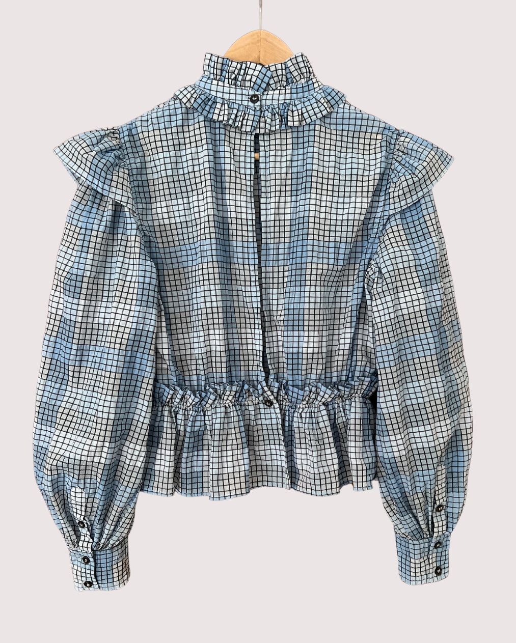 GANNI blue checked ruffled seersucker blouse