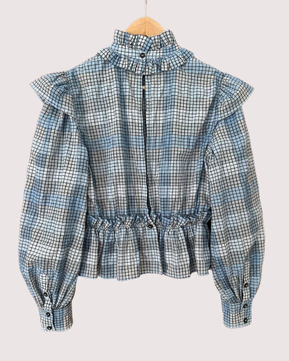 GANNI blue checked ruffled seersucker blouse