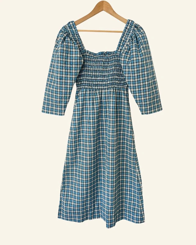 GANNI blue checked seersucker smocked dress