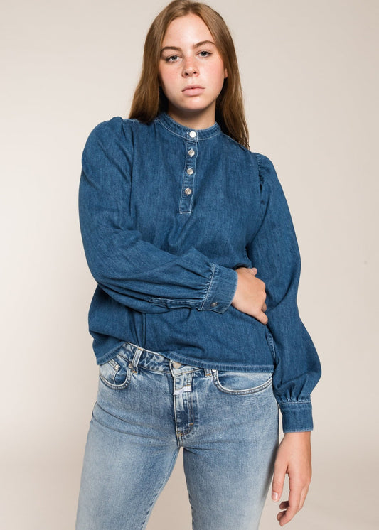 GANNI blue denim puff sleeves blouse shirt