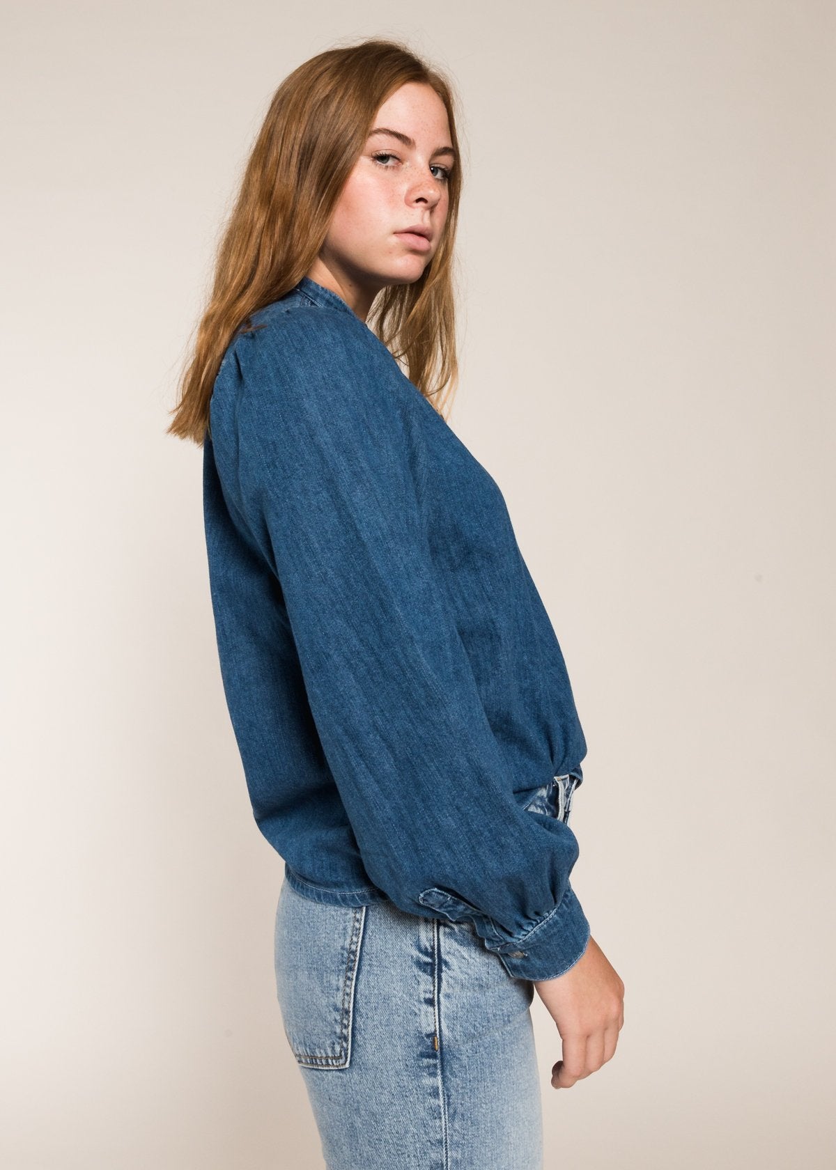 GANNI blue denim puff sleeves blouse shirt