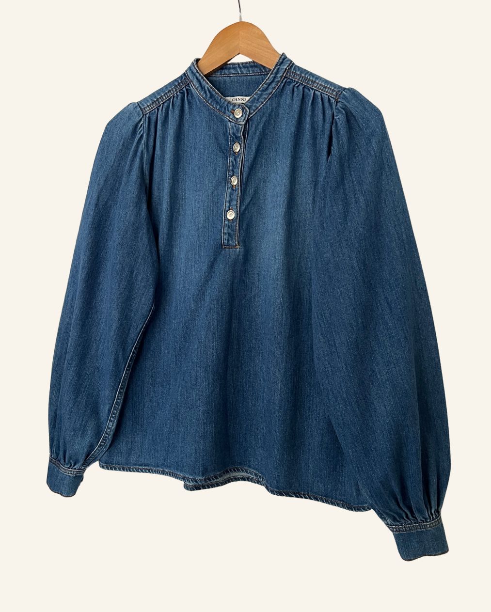 GANNI blue denim puff sleeves blouse shirt