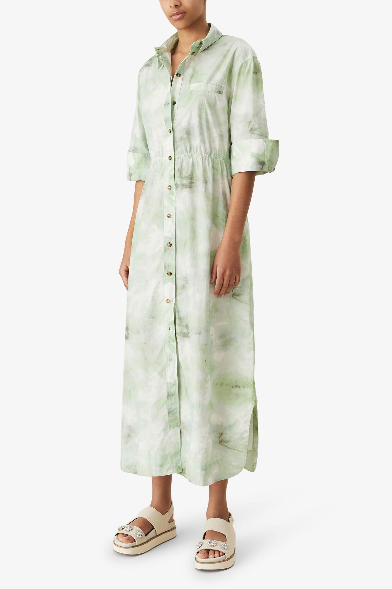 GANNI buttoned long dress in mint green tie & dye organic cotton poplin
