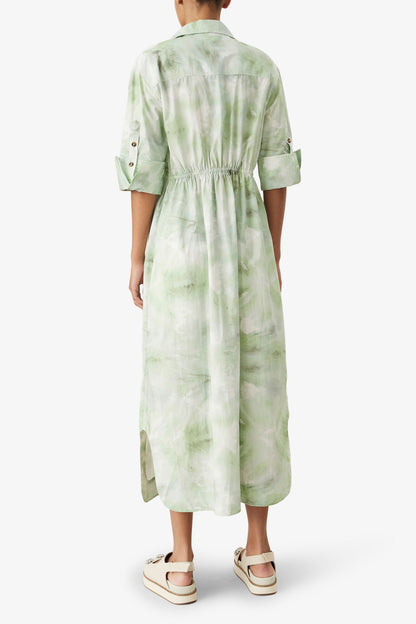 GANNI buttoned long dress in mint green tie & dye organic cotton poplin