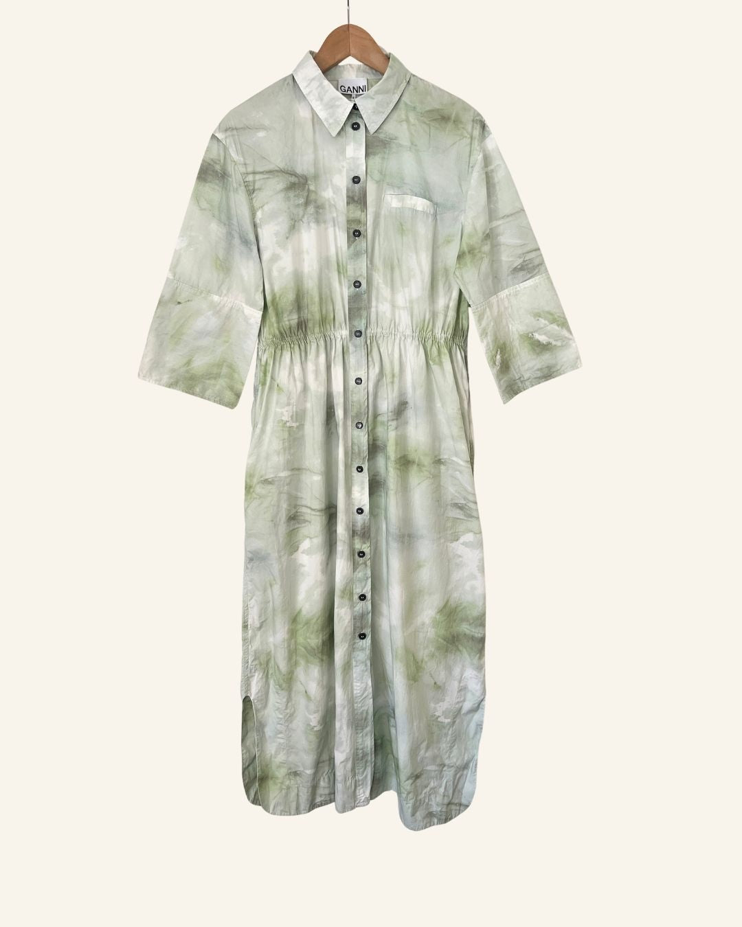 GANNI buttoned long dress in mint green tie & dye organic cotton poplin