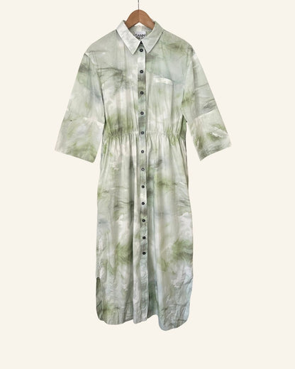 GANNI buttoned long dress in mint green tie & dye organic cotton poplin