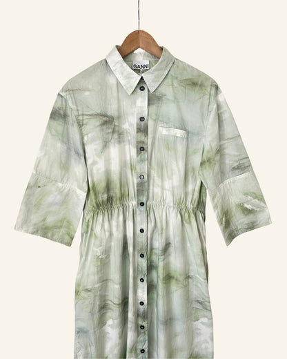 GANNI buttoned long dress in mint green tie & dye organic cotton poplin