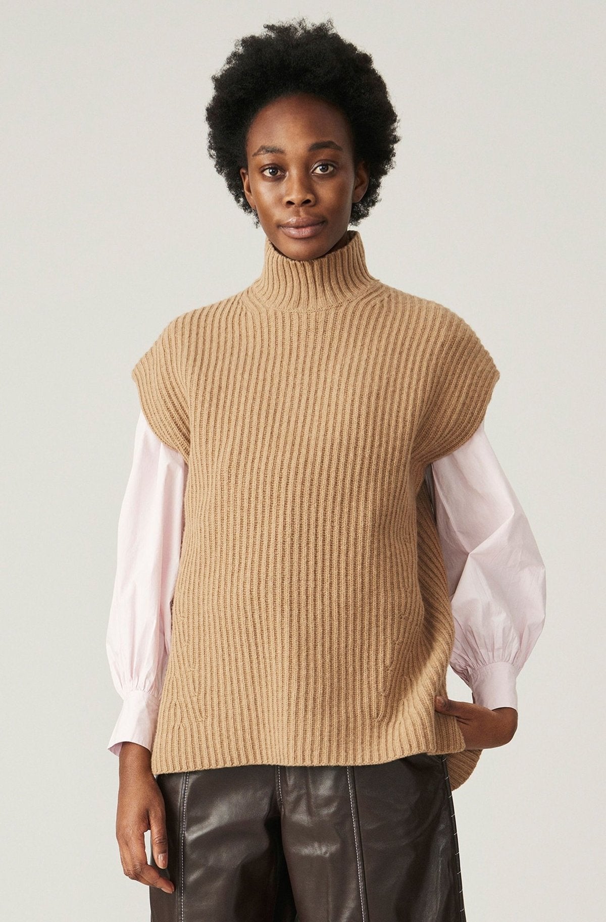 GANNI camel beige sleeveless oversize ribbed knitwear vest