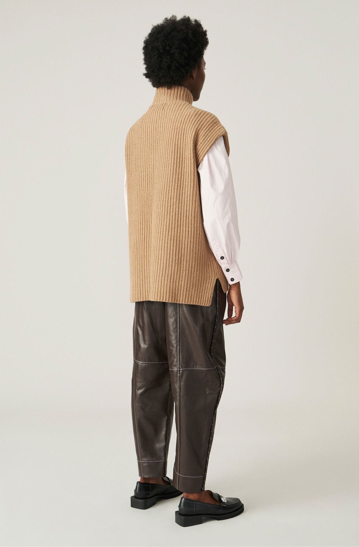 GANNI camel beige sleeveless oversize ribbed knitwear vest