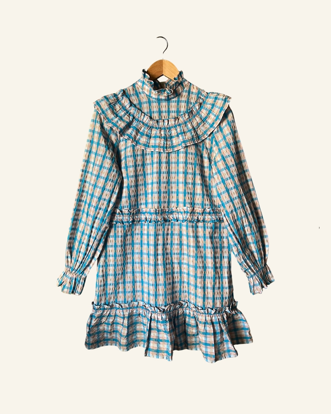 GANNI colorful blue seersucker checked prairie mini dress