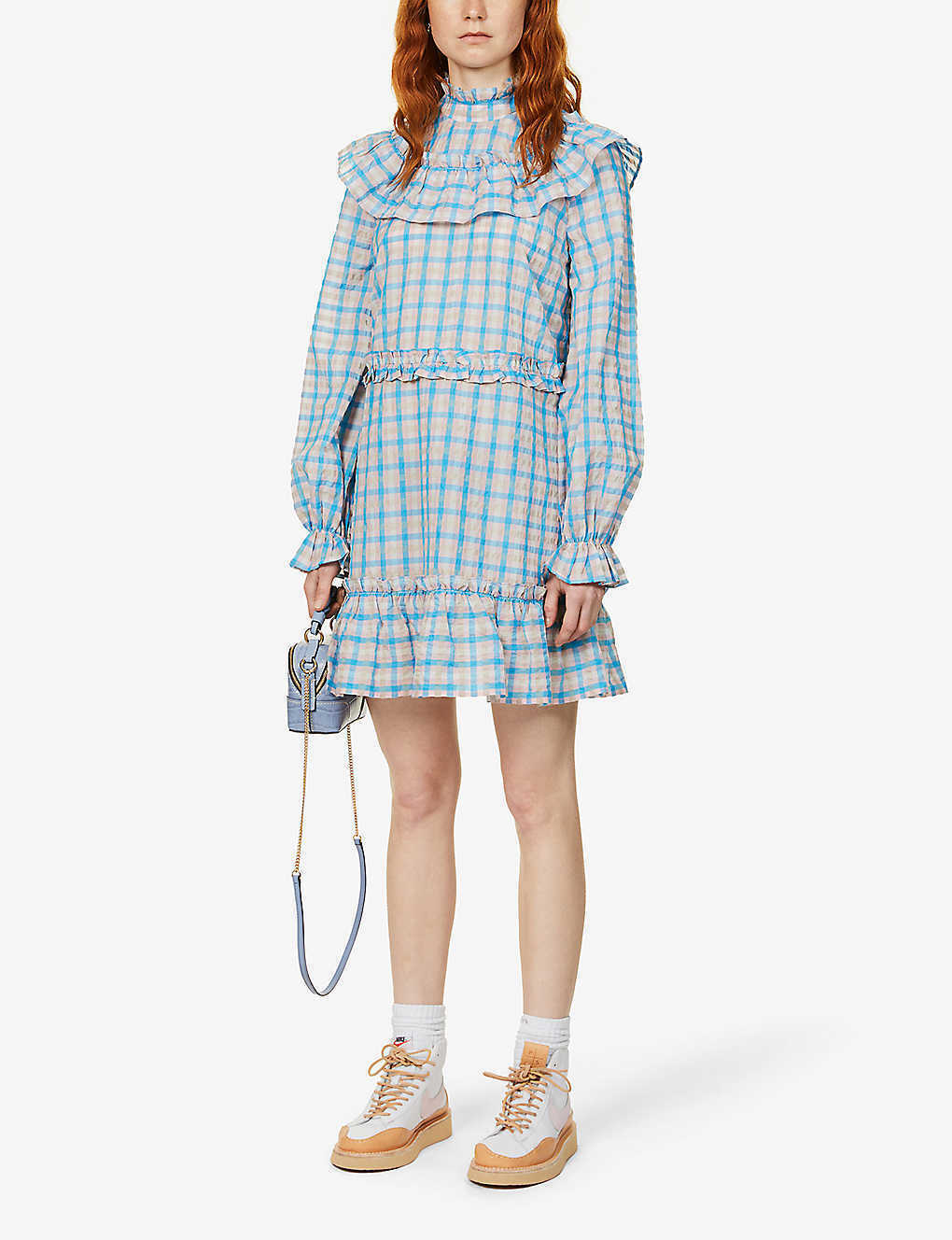 GANNI colorful blue seersucker checked prairie mini dress