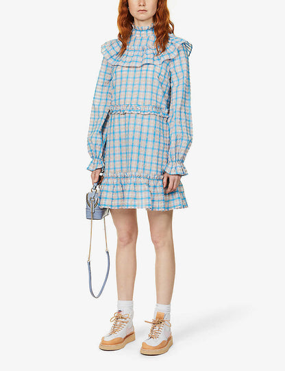 GANNI colorful blue seersucker checked prairie mini dress