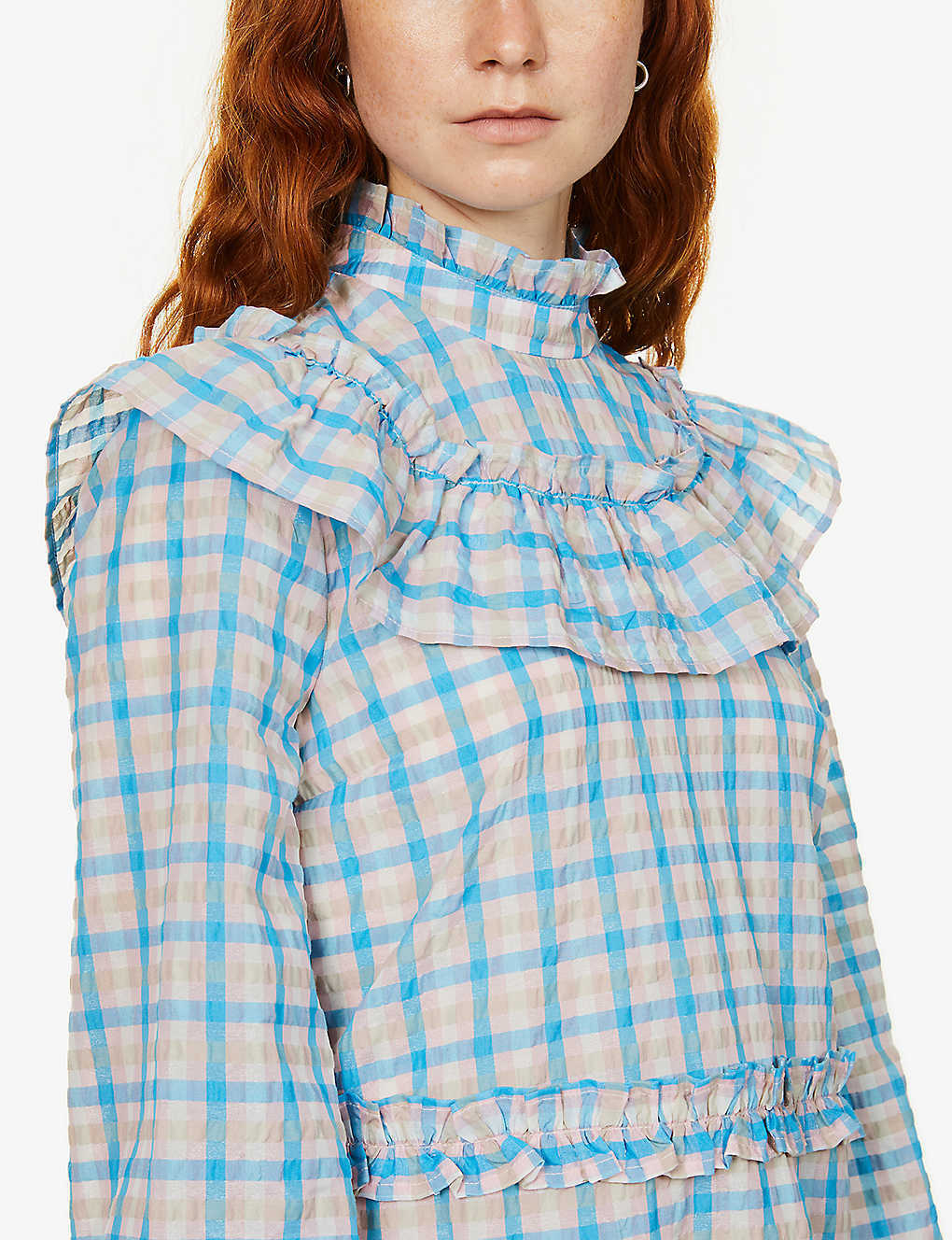 GANNI colorful blue seersucker checked prairie mini dress