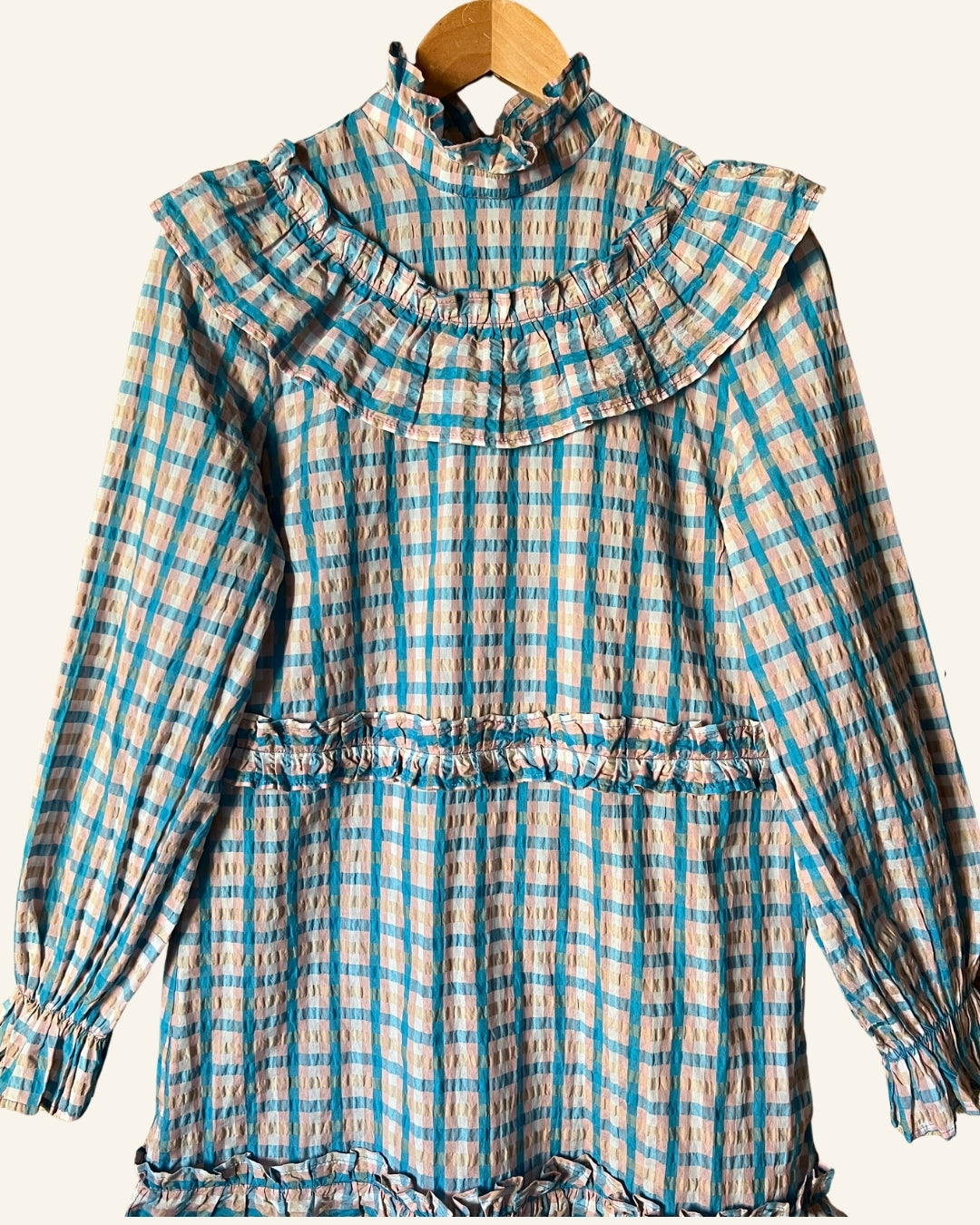 GANNI colorful blue seersucker checked prairie mini dress