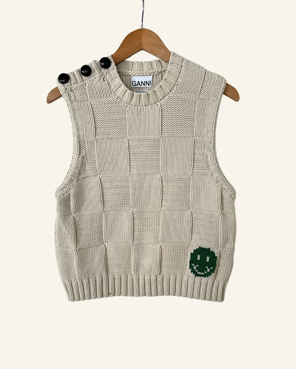 GANNI cream color knitted vest knitwear smiley green