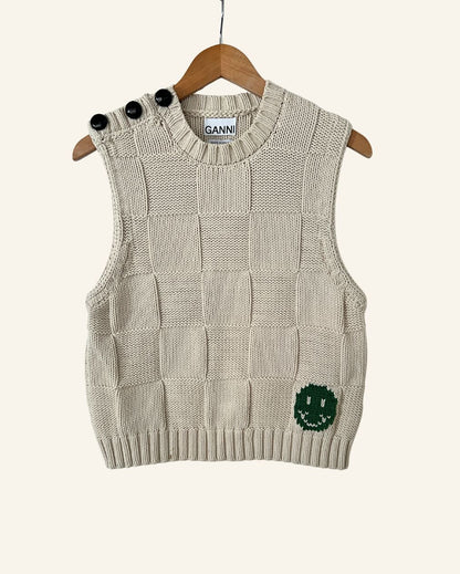 GANNI cream color knitted vest knitwear smiley green