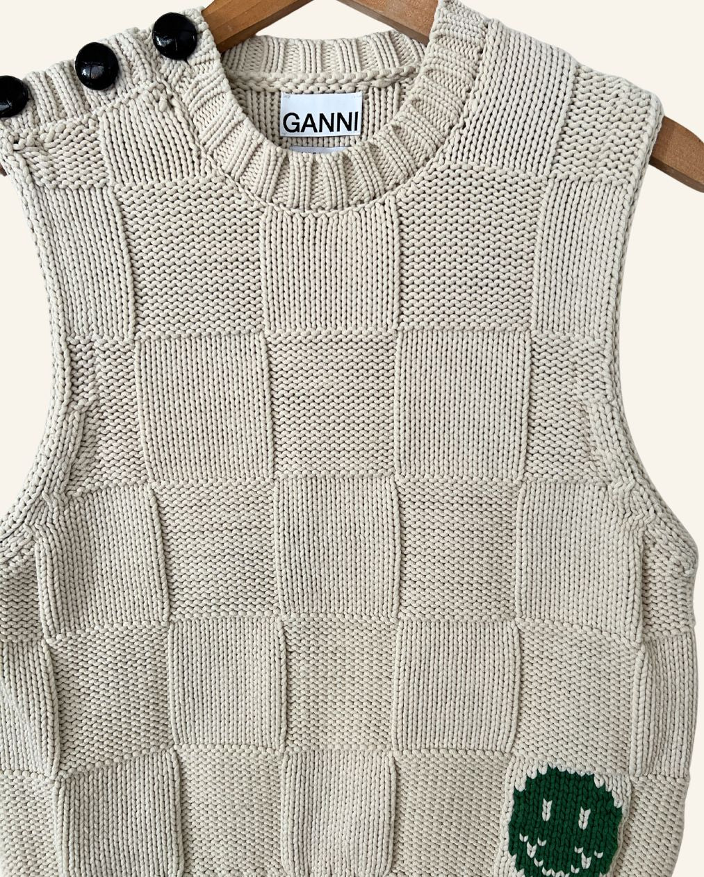 GANNI cream color knitted vest knitwear smiley green