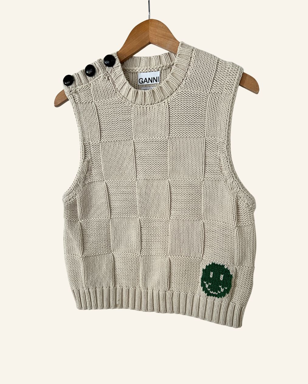 GANNI cream color knitted vest knitwear smiley green