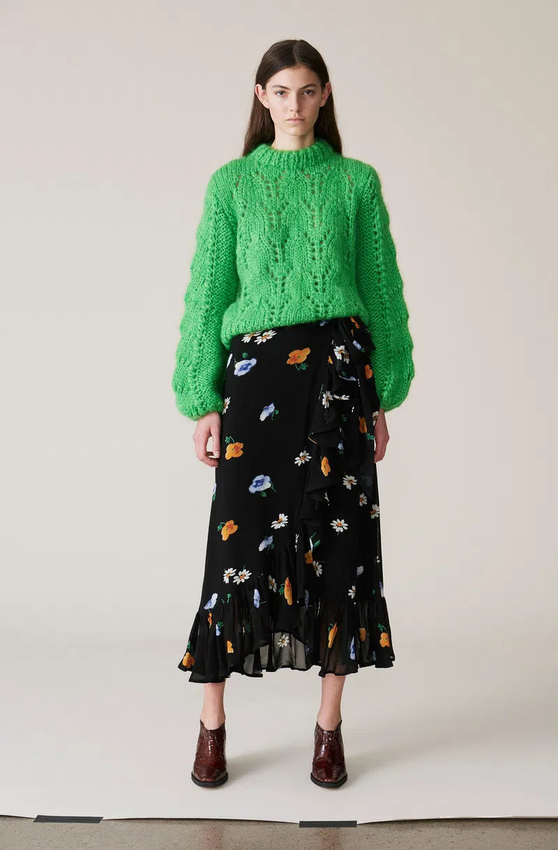 GANNI dainty georgette black floral ruffled wrap skirt