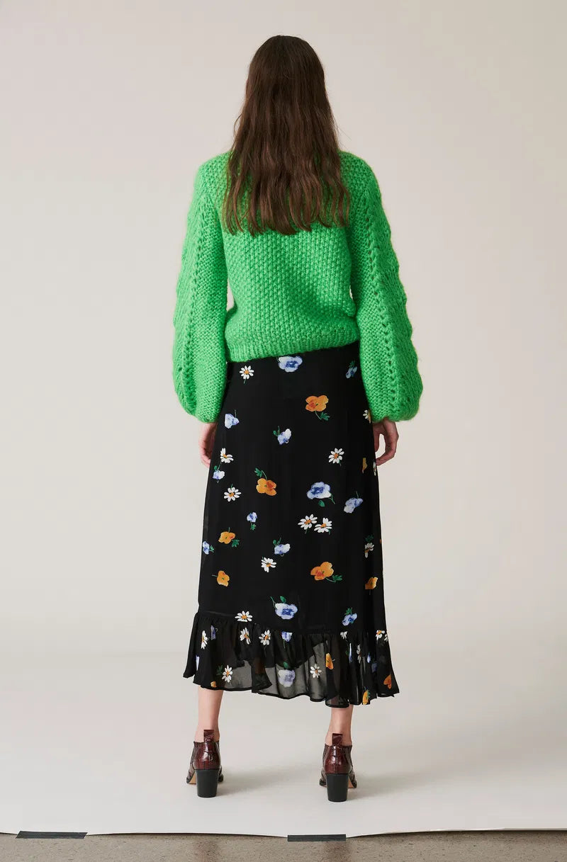 GANNI dainty georgette black floral ruffled wrap skirt
