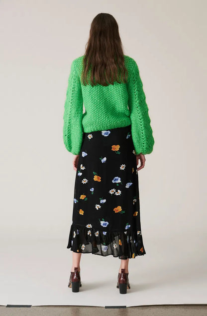 GANNI dainty georgette black floral ruffled wrap skirt
