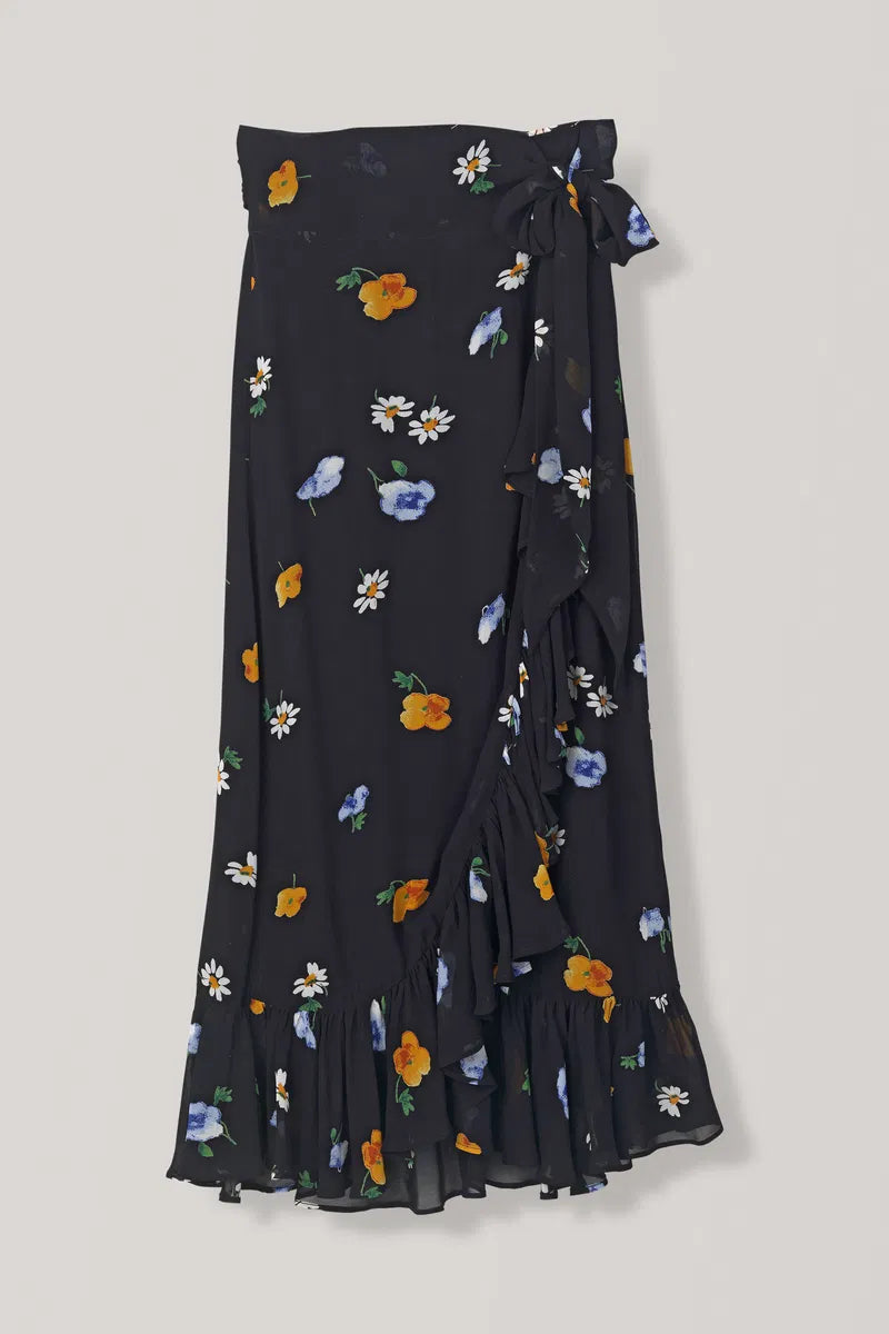 GANNI dainty georgette black floral ruffled wrap skirt
