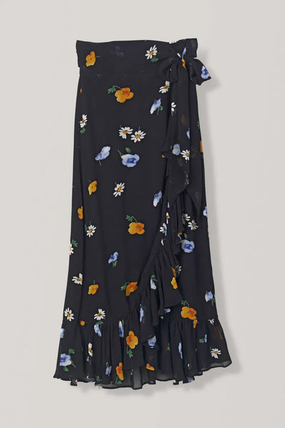 GANNI dainty georgette black floral ruffled wrap skirt