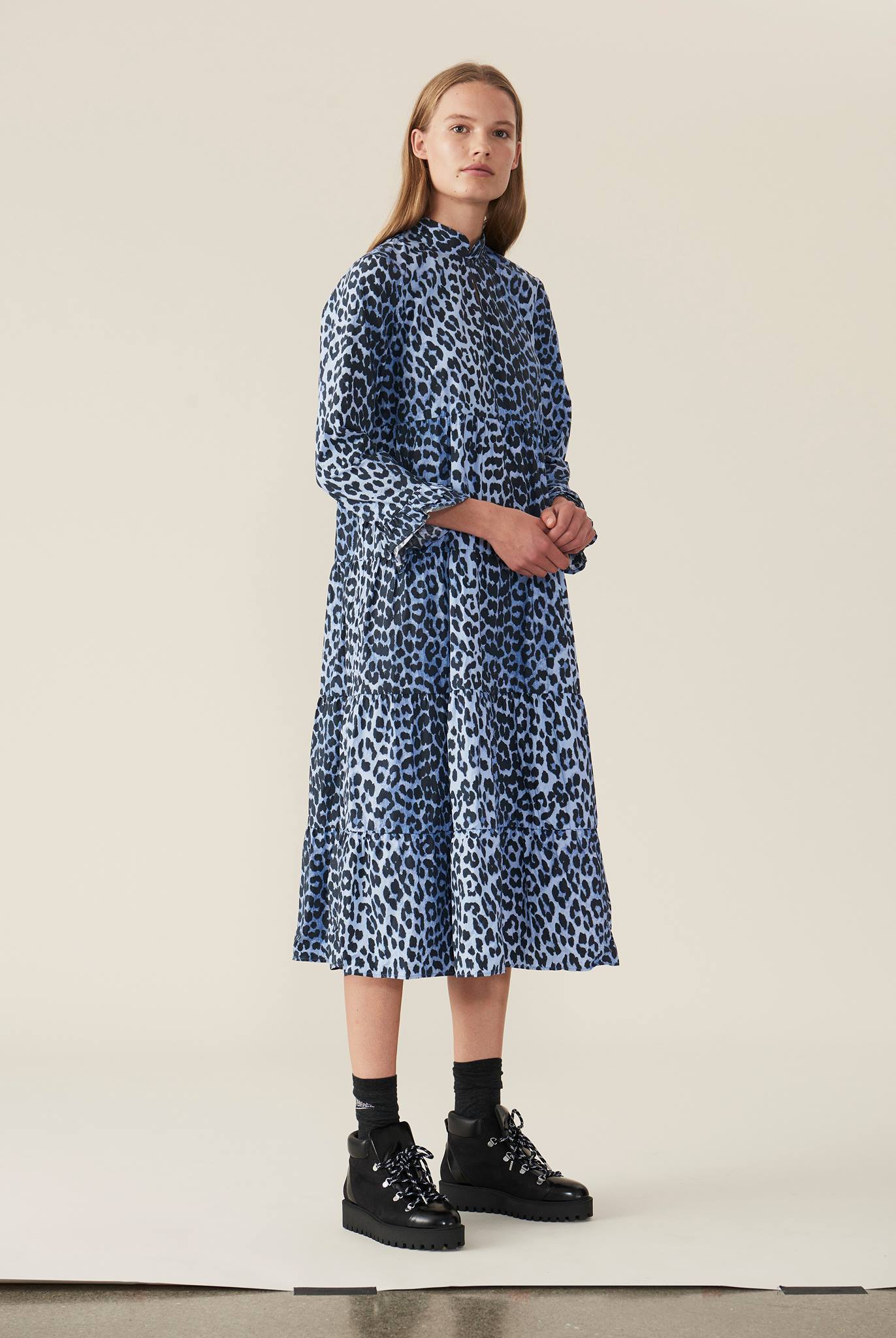 GANNI faulkner blue leopard print ruffle cotton poplin long dress