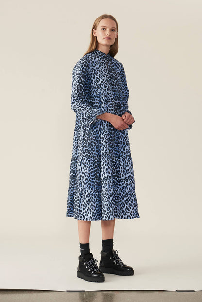 GANNI faulkner blue leopard print ruffle cotton poplin long dress