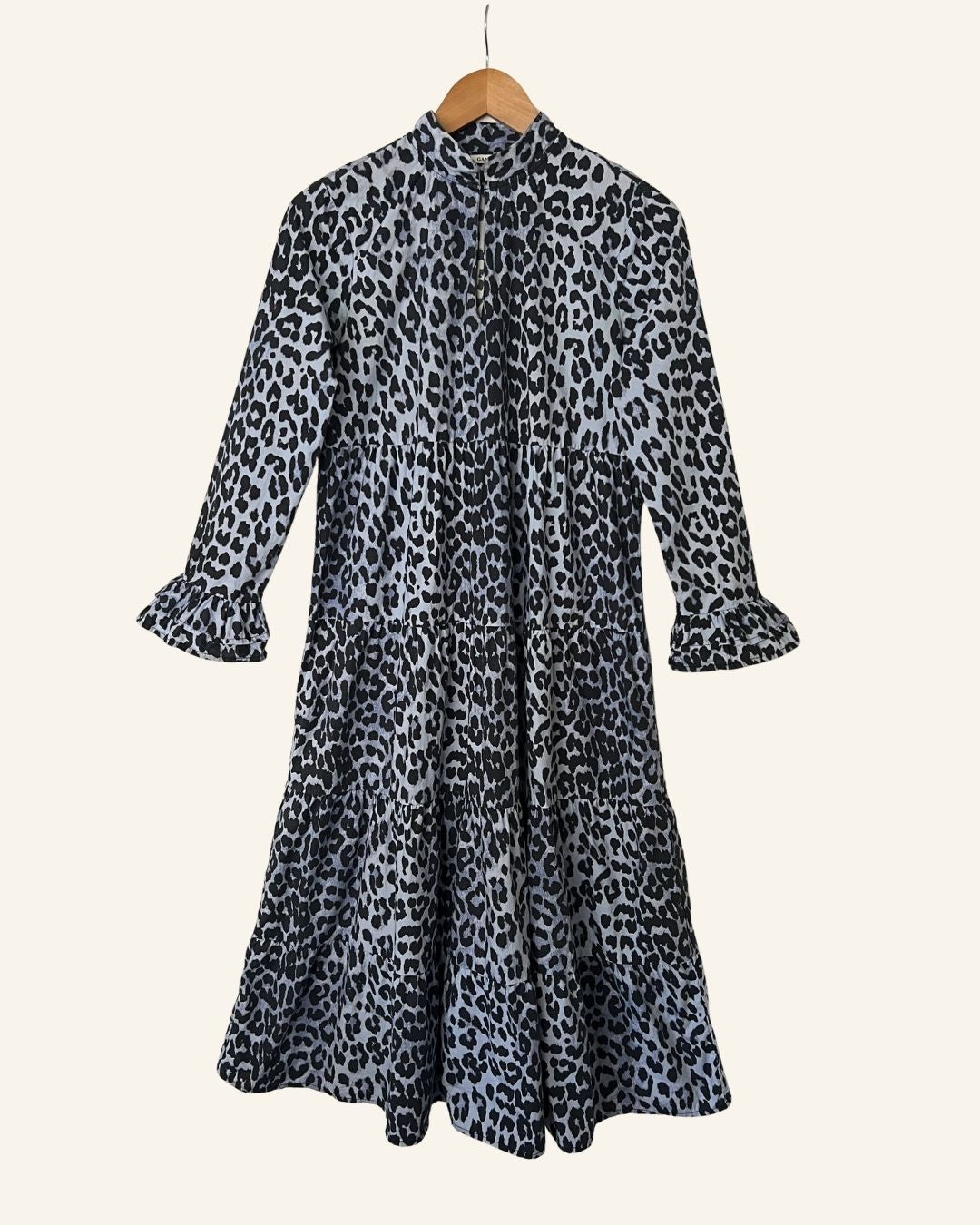 GANNI faulkner blue leopard print ruffle cotton poplin long dress