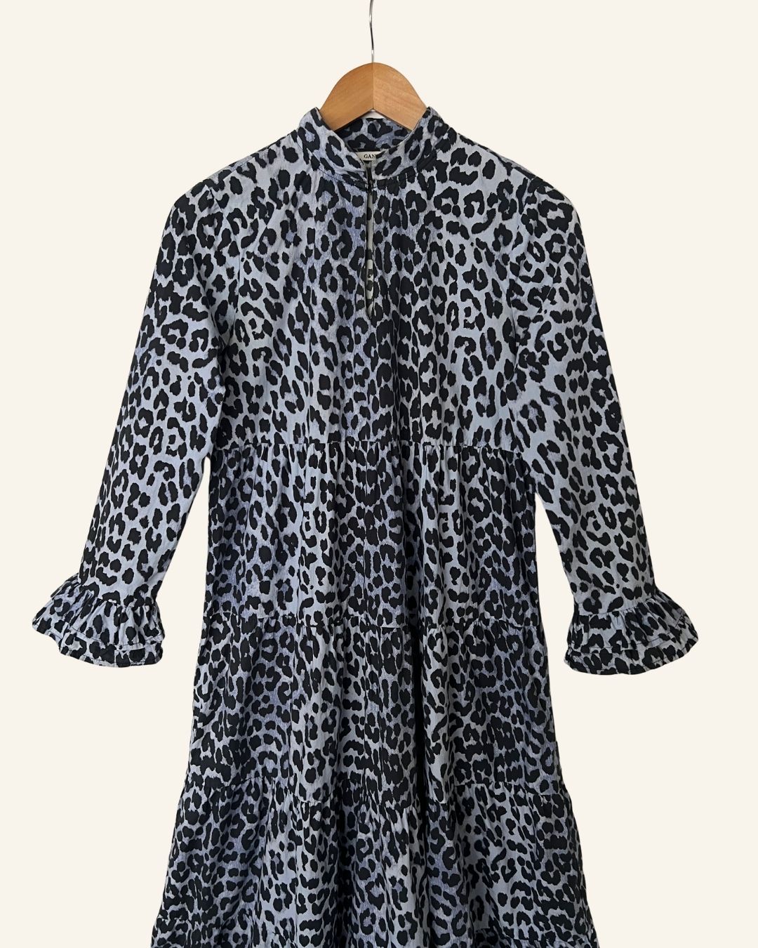 GANNI faulkner blue leopard print ruffle cotton poplin long dress