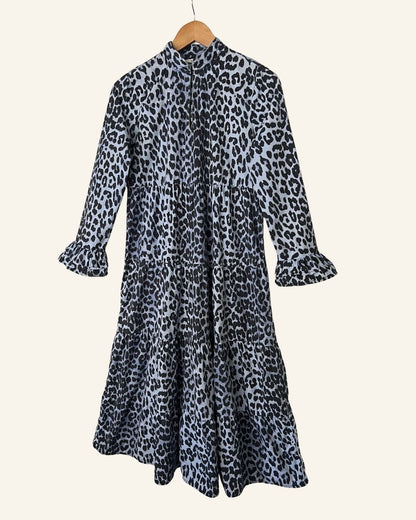 GANNI faulkner blue leopard print ruffle cotton poplin long dress