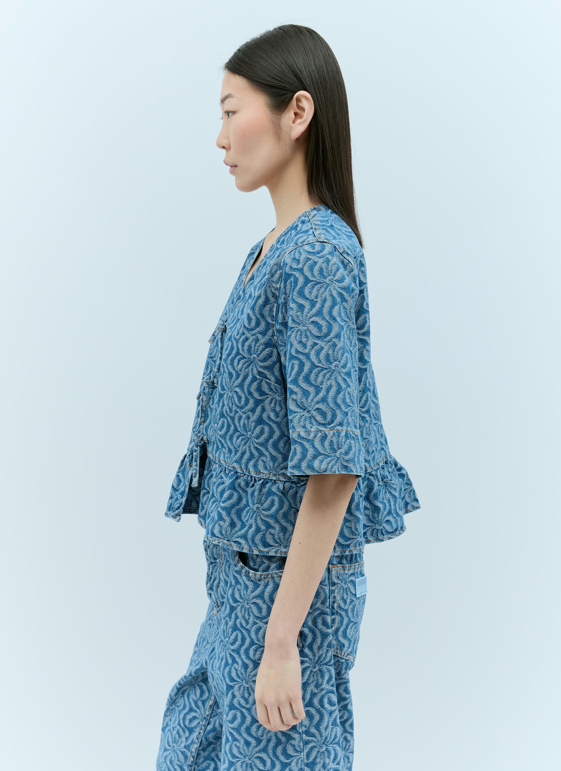 GANNI floral jacquard knots blue denim peplum blouse