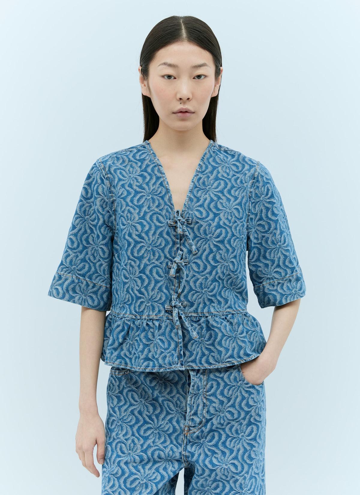 GANNI floral jacquard knots blue denim peplum blouse