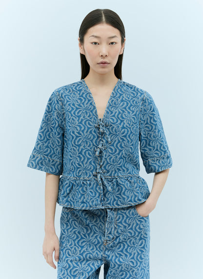 GANNI floral jacquard knots blue denim peplum blouse