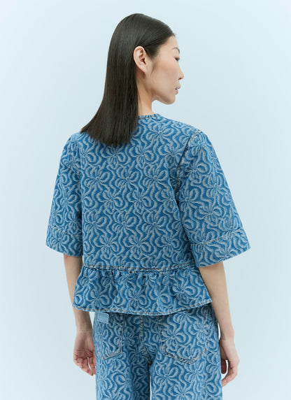 GANNI floral jacquard knots blue denim peplum blouse
