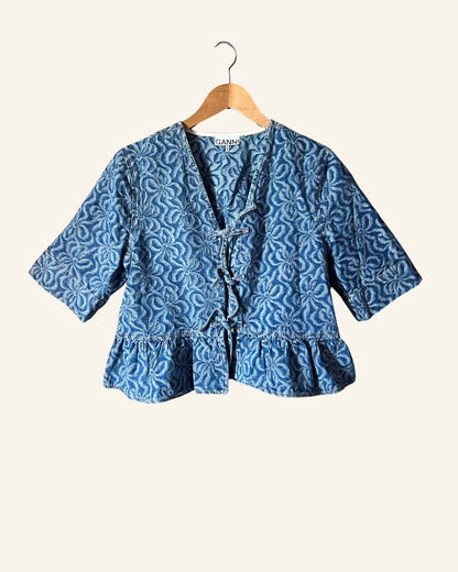 GANNI floral jacquard knots blue denim peplum blouse