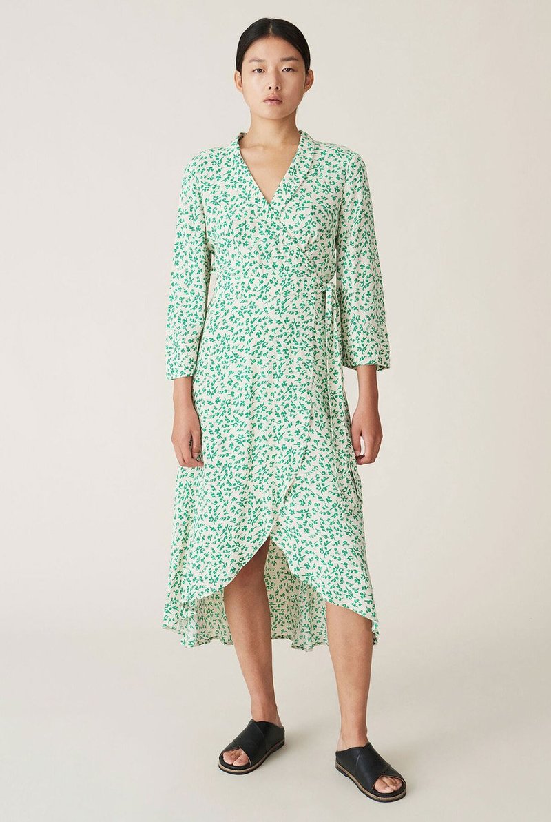 GANNI georgette long off-white wrap dress with green floral print logo