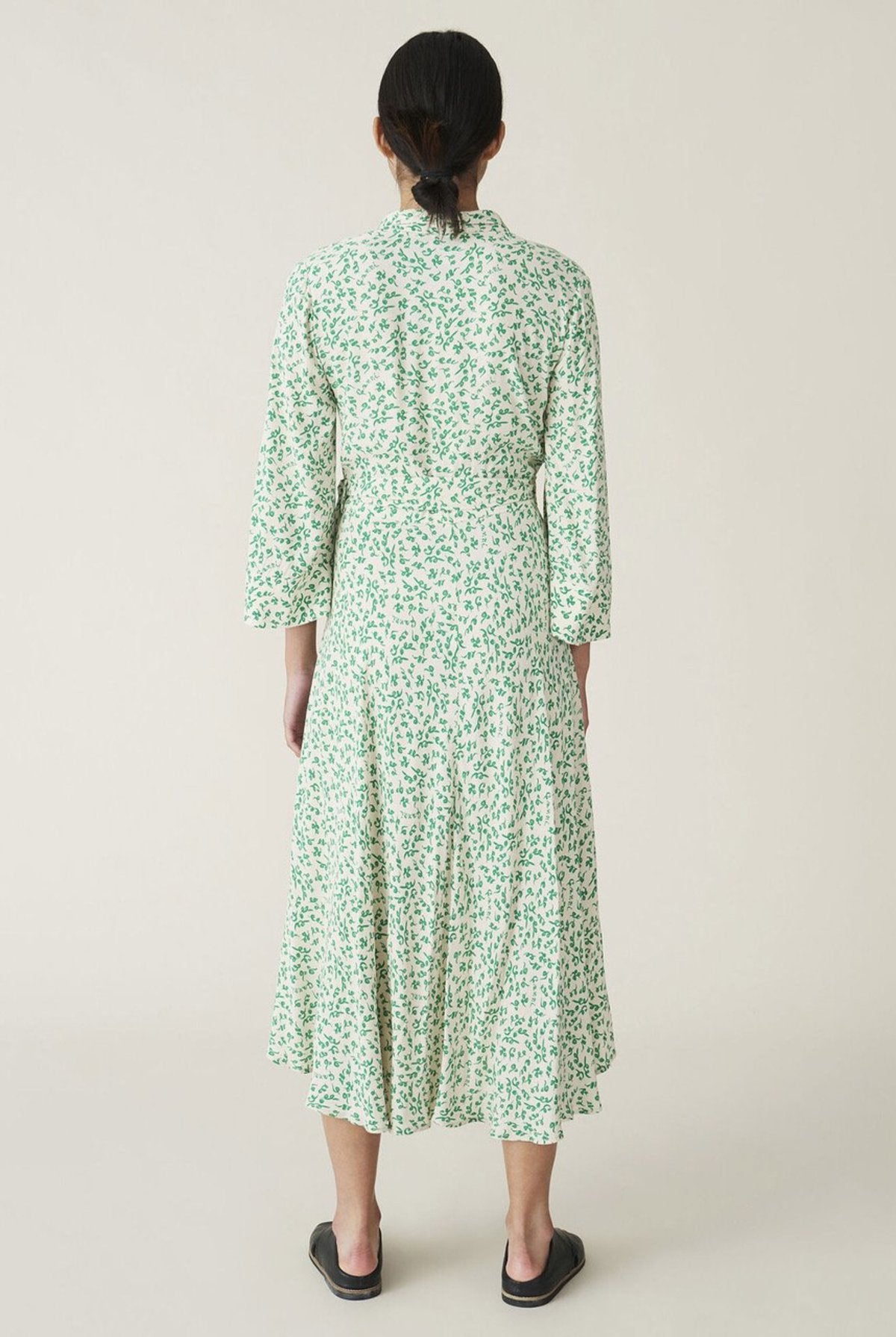 GANNI georgette long off-white wrap dress with green floral print logo