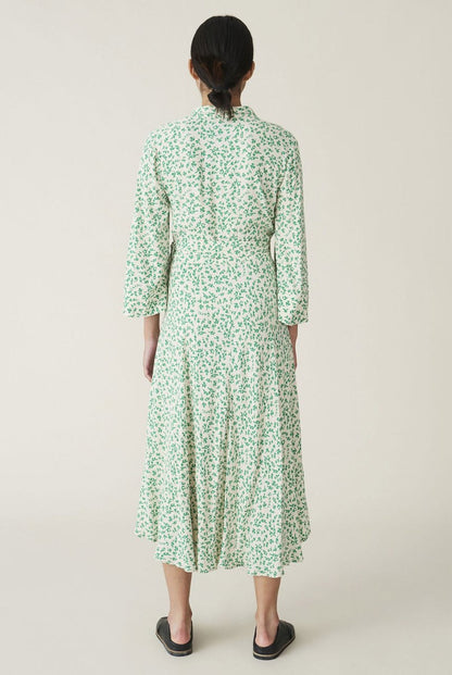 GANNI georgette long off-white wrap dress with green floral print logo