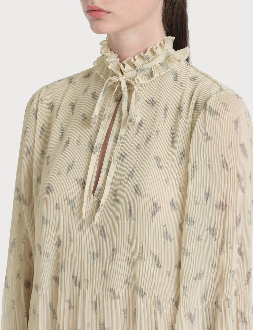 GANNI georgette long pleated cream sheer dress with floral print and ruffles