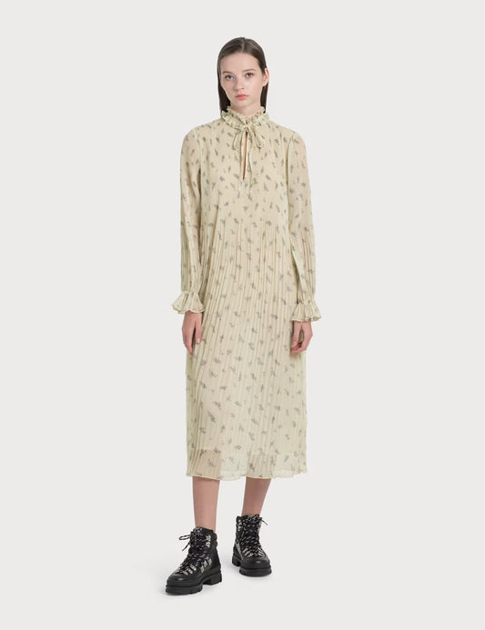 GANNI georgette long pleated cream sheer dress with floral print and ruffles