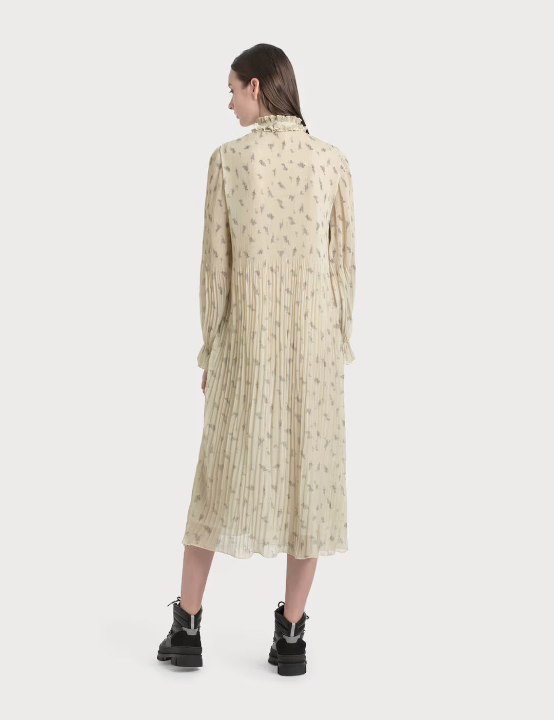 GANNI georgette long pleated cream sheer dress with floral print and ruffles