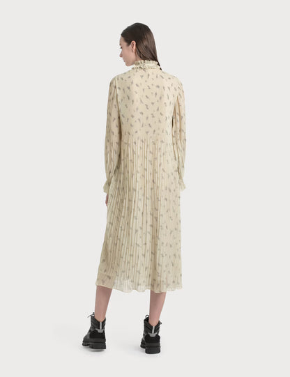 GANNI georgette long pleated cream sheer dress with floral print and ruffles